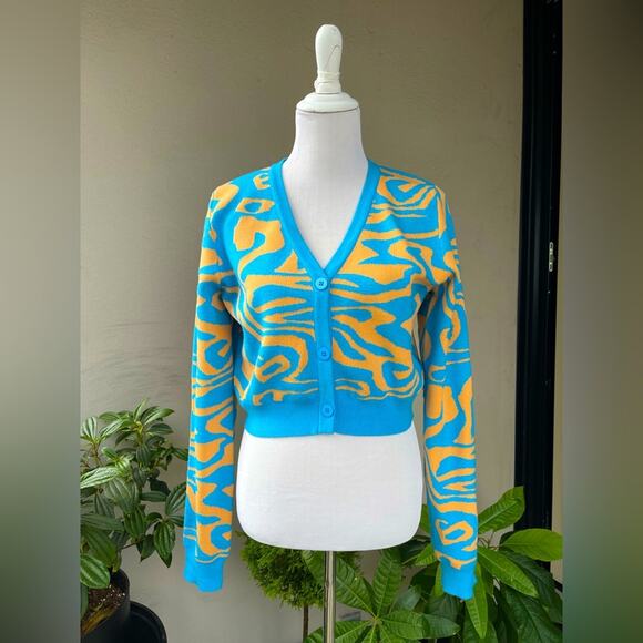 ☘️ NA-KD FAshion Printed Cropped Cardigan In Orange and Blue L - Picture 1 of 11